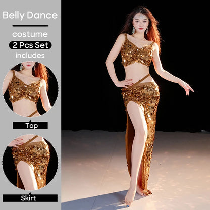2-Piece Belly Dance Costume Set for Women – Sexy Sequin Top & Skirt Outfit for Stage Performance & Training