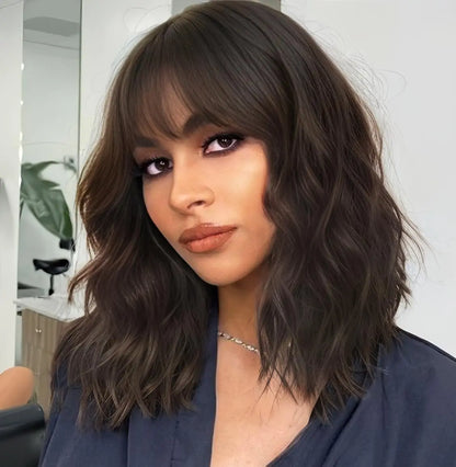 Natural Brown Synthetic Curly Wavy Bob Wig with Bangs – Stylish Wig for Women
