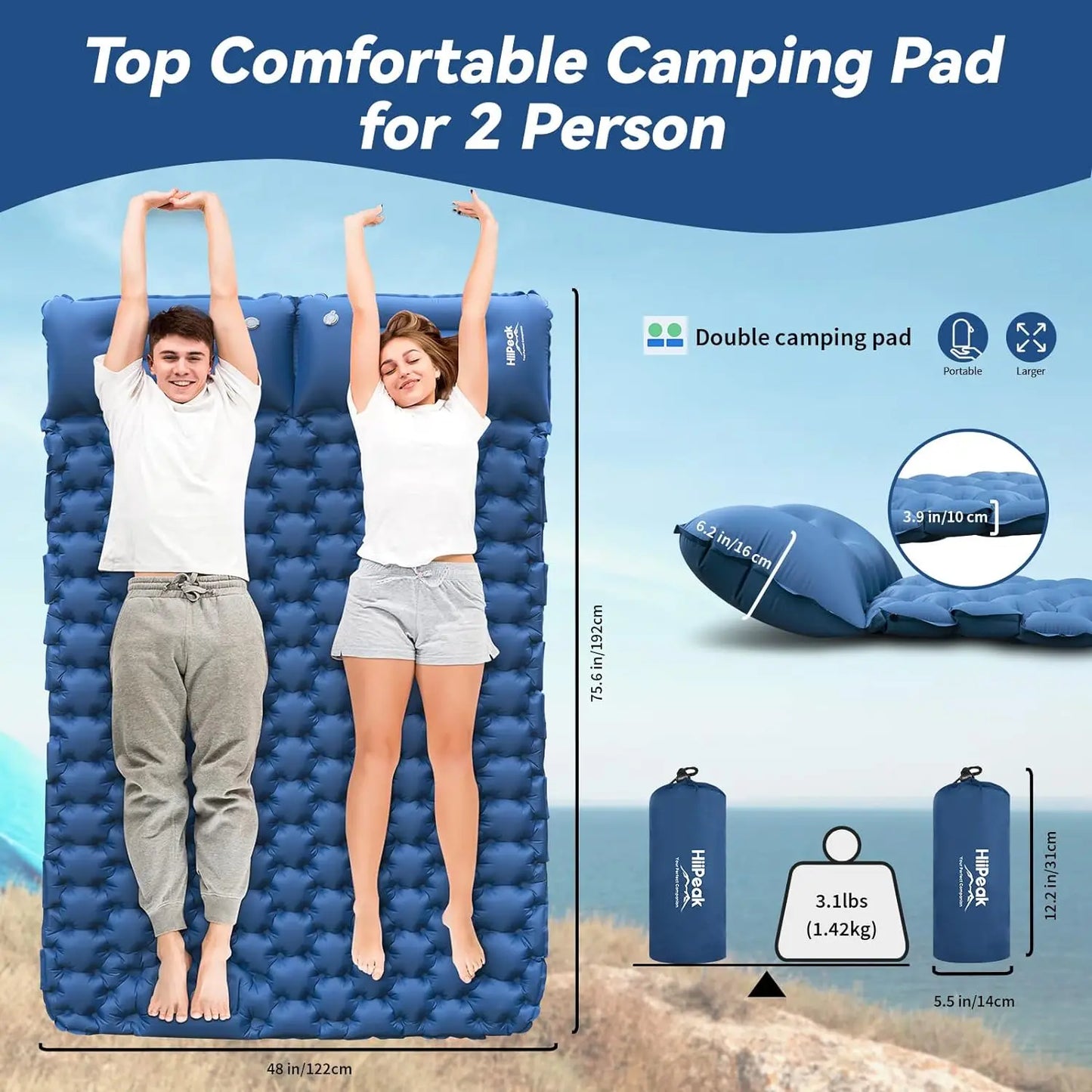 Double Camping Air Mattress with Pillow - Waterproof, Inflatable Sleeping Pad for Nature Hikes