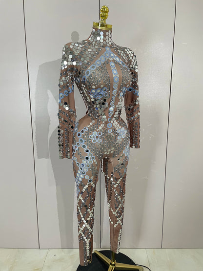 Sexy Shiny Silver Sequin & Black Spandex Jumpsuit — 2025 Women’s Prom, Dancer & Stage Performance Costume