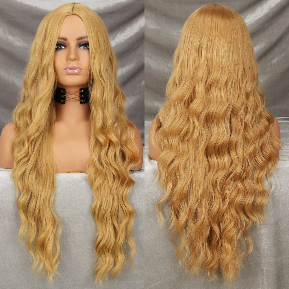 Long Wavy Green Synthetic Wig – Heat-Resistant Women's Cosplay, Party, Lolita Style, Half Part, Red/Black/Pink