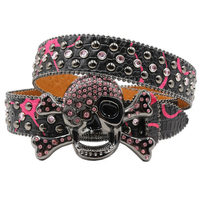 Women’s Rhinestone Skull Leather Belt – Luxury Designer Studded Strap for Jeans, White & Black