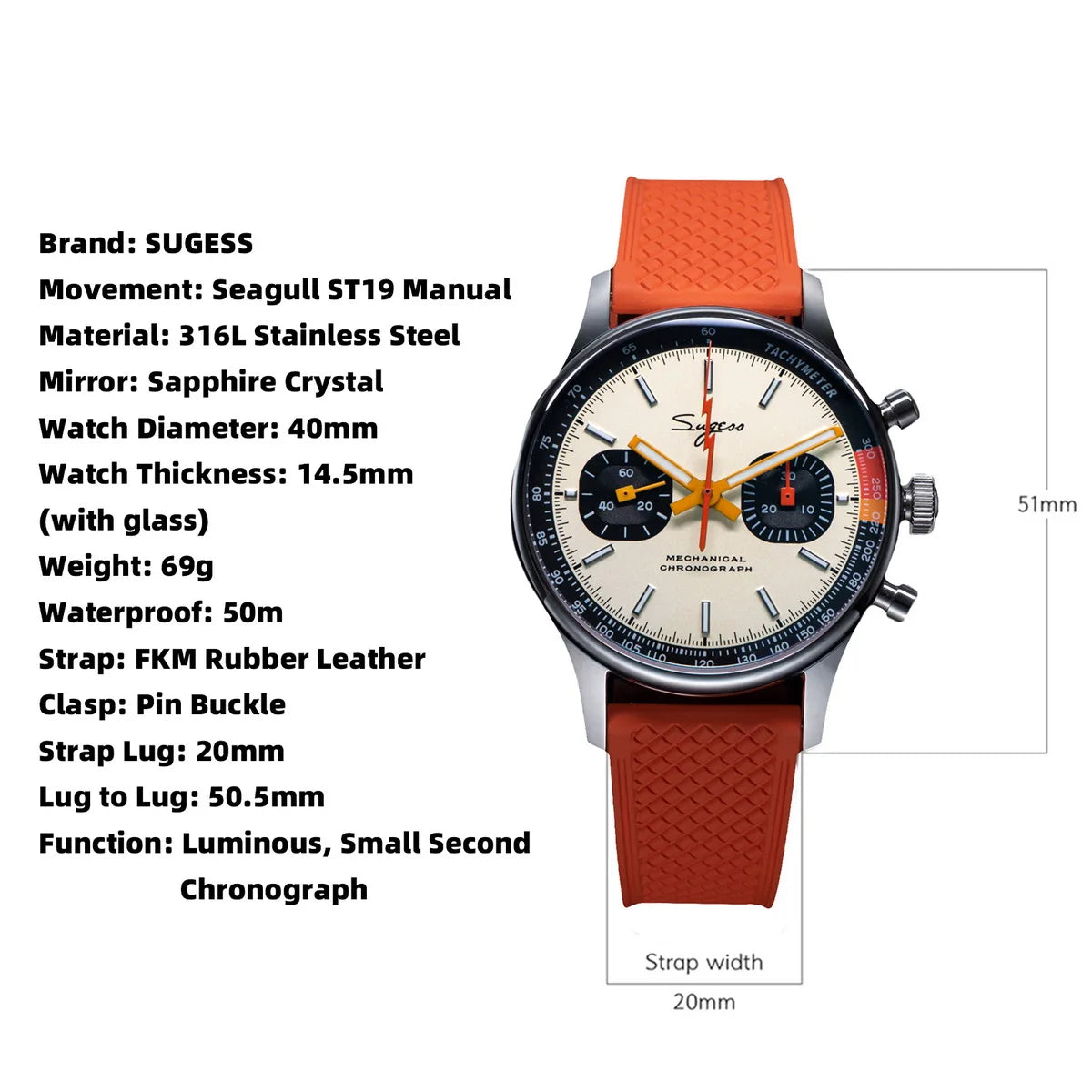 Sugess ST19 Pilot Chronograph Watch – Mechanical Racing 1963 Limited Edition, Sapphire Crystal, Military Style
