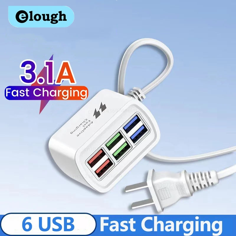 6-Port USB Charging Power Strip – Universal Fast Charger with EU/US Plug, Power Socket Extension Cable for Phones and Devices