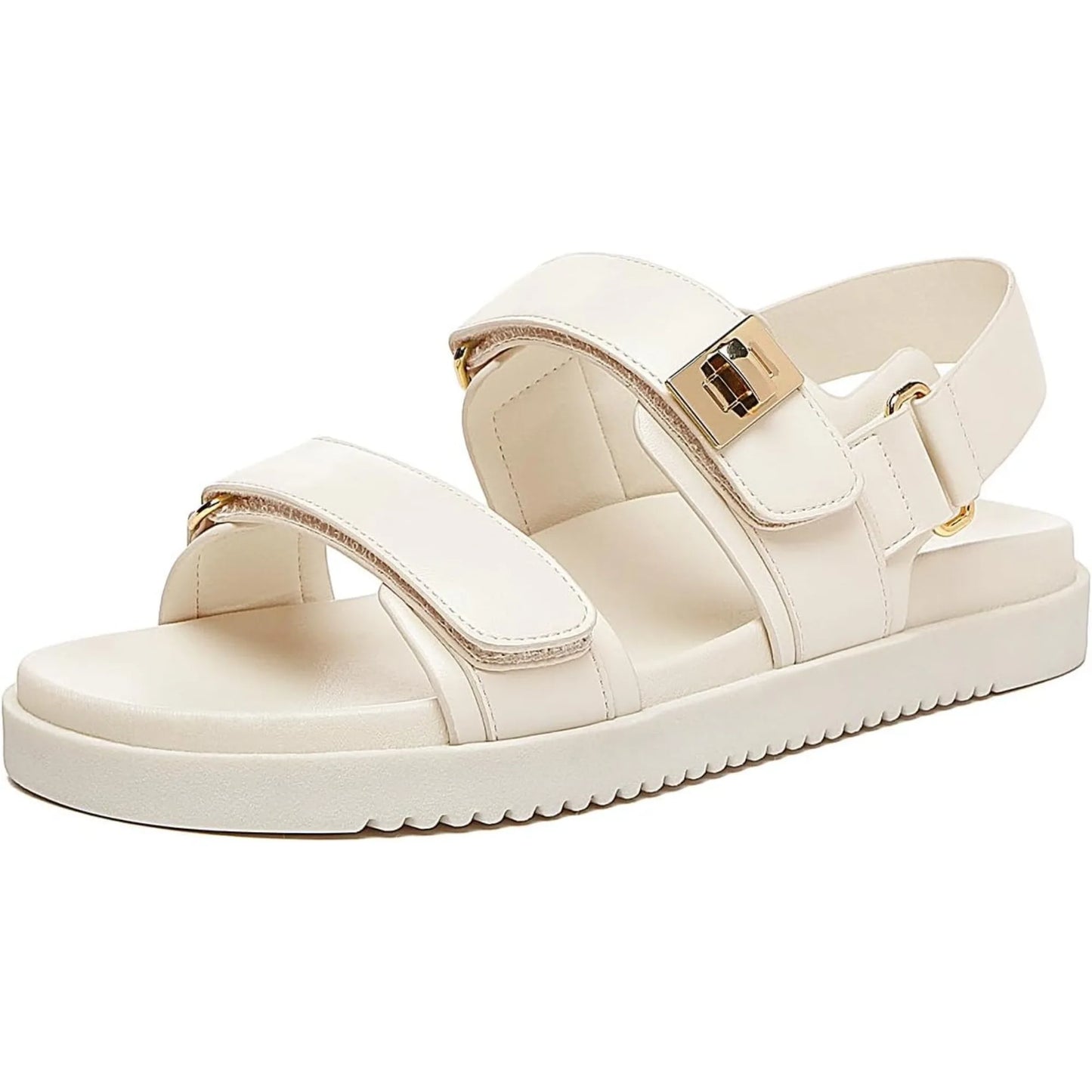 Women’s Flat Leather Sandals – Adjustable Double Strap Slip-On Comfort Footbed Shoes