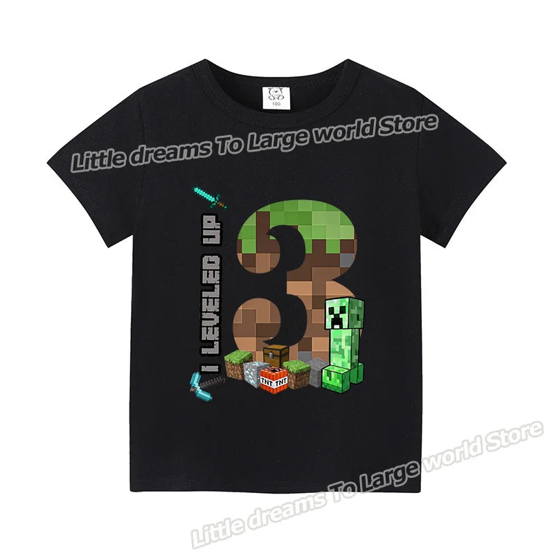 Miner Crafting Birthday Number T-Shirt – Cartoon Summer Short Sleeve Tops for Boys Party Gift