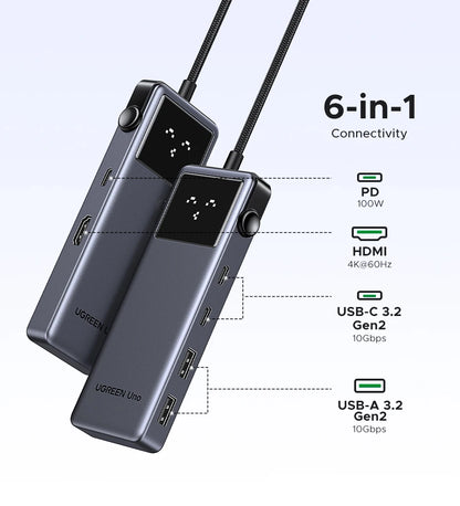 UGREEN Uno 6-in-1 USB-C Hub – 4K60Hz, PD100W, 10Gbps USB3.2 Splitter Adapter for Laptop & MacBook Pro/Air