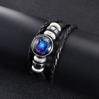 New Men's 12 Constellation Black Braided Leather Bracelet – Punk Style Zodiac Sign Multilayer Wrap Bracelet for Birthday Gifts