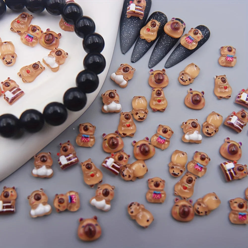 20/40/100/200-Piece Cute Cartoon Animal Nail Charms - 3D Transparent Capybara and Brown Bear Nail Art Decorations for DIY Manicures