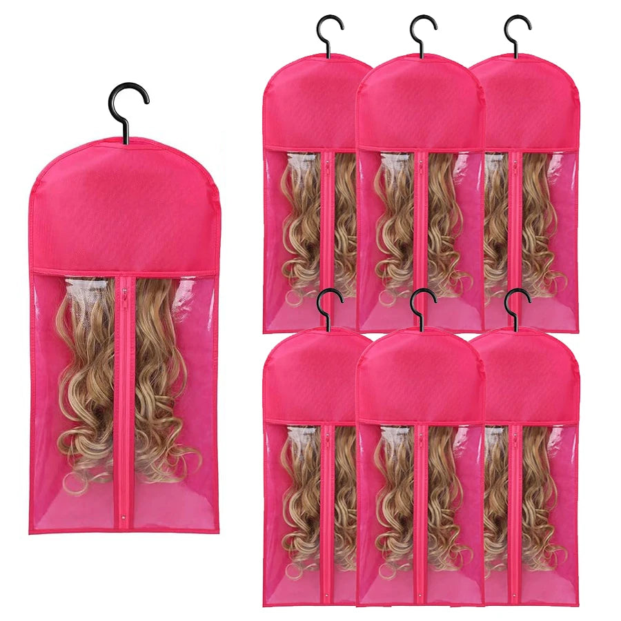 6pcs Long Hair Extension Storage Bags | Non-Woven Dust-Proof Carrier with Plastic Hanger for Home & Salon Organization