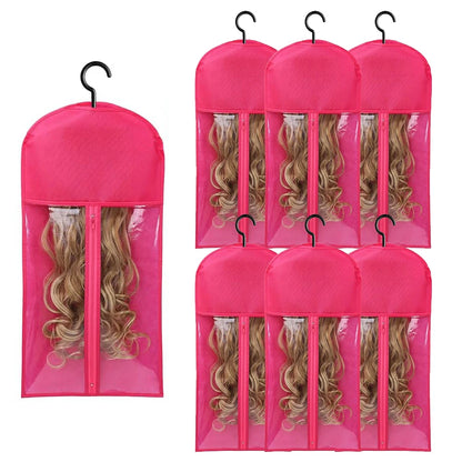 6pcs Long Hair Extension Storage Bags | Non-Woven Dust-Proof Carrier with Plastic Hanger for Home & Salon Organization