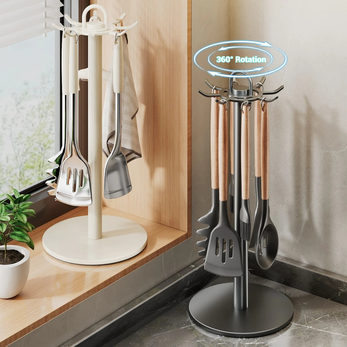 Rotating Kitchen Utensil Stand — 8-Hook Countertop Organizer for Cooking Tools