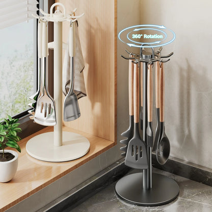 Rotating Kitchen Utensil Stand — 8-Hook Countertop Organizer for Cooking Tools