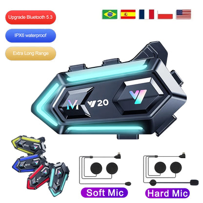 Y20 Motorcycle Helmet Bluetooth Headset – BT5.3 Wireless Hands-Free Call, Noise-Reduction, Waterproof with RGB Light