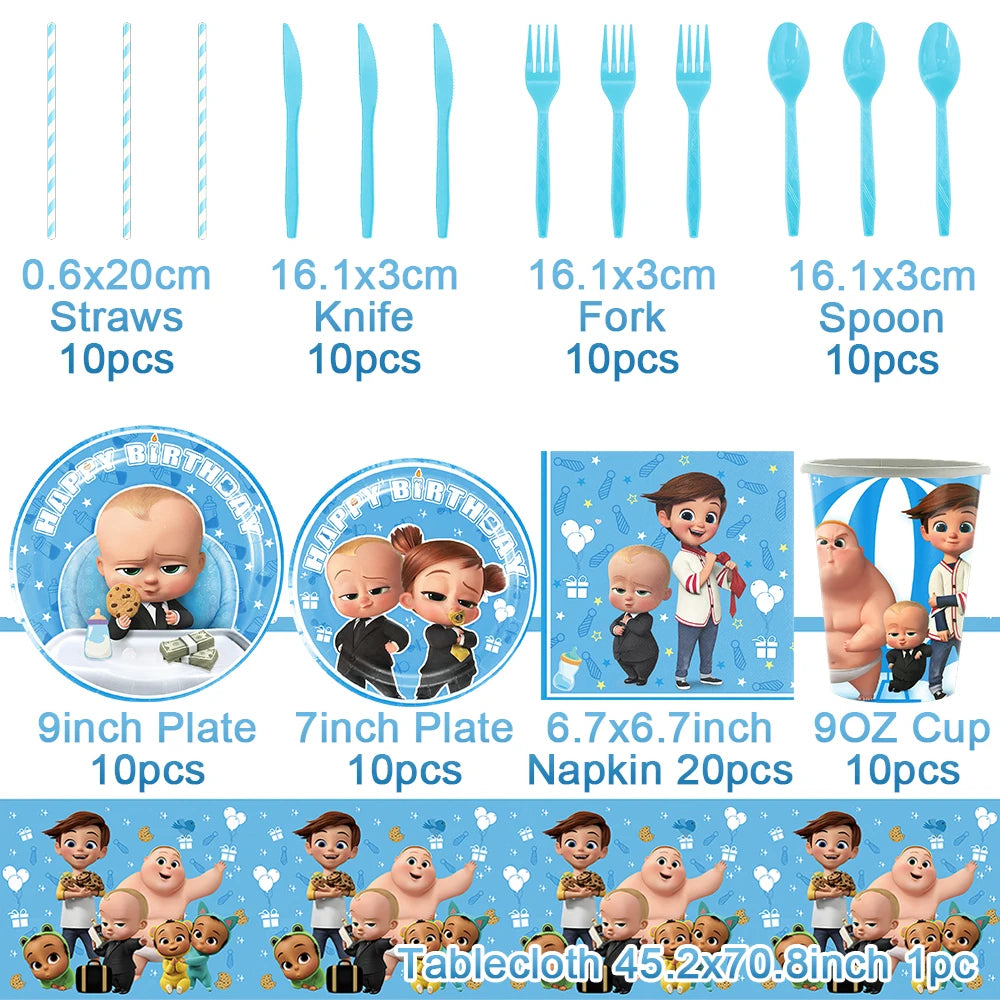 Cartoon Boss Baby Birthday Party Set - Disposable Tableware, Backdrop & Balloons for Kids Baby Shower Decor