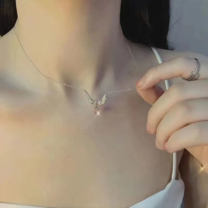 Light Luxury Angel Wings Necklace – Moonstone Pendant Collarbone Jewelry for Women