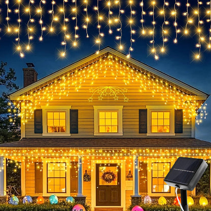 Solar Christmas Icicle Lights 162/96 LED – 8-Mode Waterproof Curtain String Lights for Outdoor, Garden & Holiday Decoration