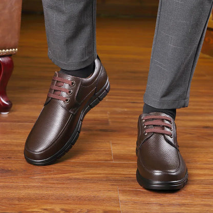 Men's Genuine Leather Casual Shoes - Soft Sole Lace-Up Loafers, Luxury Brand for Middle-Aged & Older Adults, Lightweight Dad Shoes