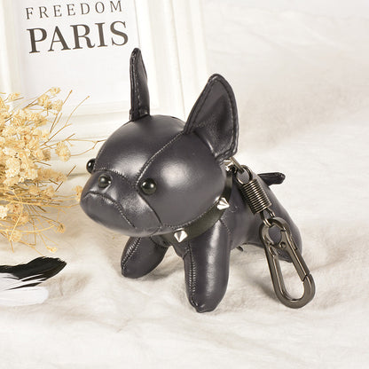 Punk French Bulldog PU Leather Dog Keychain — Fashion Bag Charm for Women Car Key Ring
