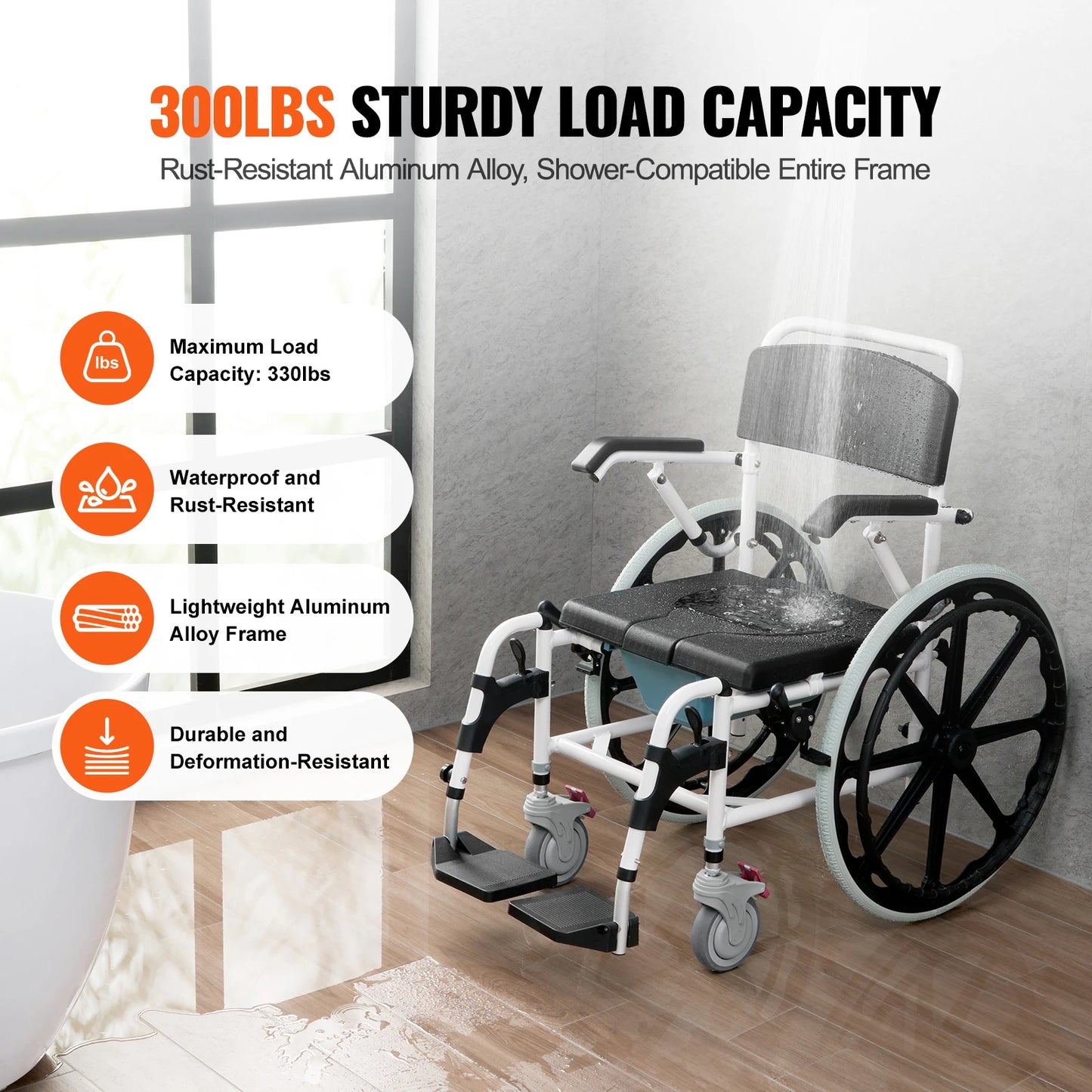 VEVOR 17.5in Shower Wheelchair – Adjustable Rolling Bathroom Chair for Disabled Adults, 300 lbs Capacity