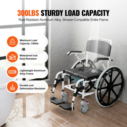 VEVOR 17.5in Shower Wheelchair – Adjustable Rolling Bathroom Chair for Disabled Adults, 300 lbs Capacity