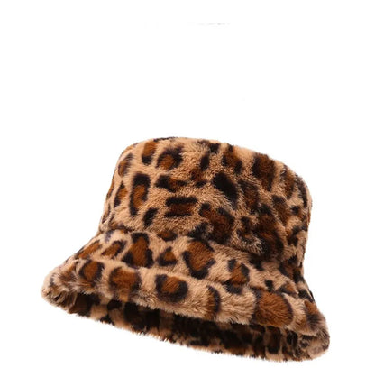 Women’s Winter Leopard Print Fisherman Hat – Versatile Plush Bucket Hat, Warm Pot-Style Headwear