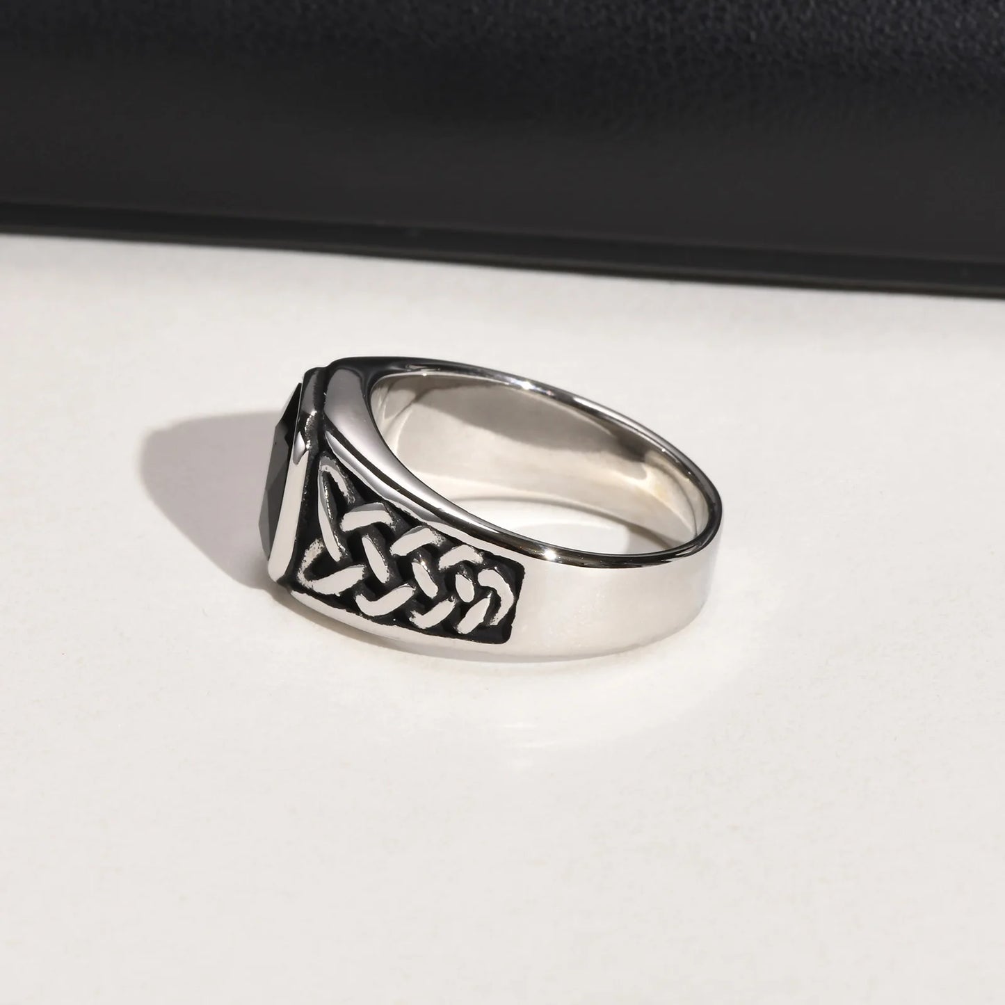 Punk Vintage Ethnic Rings for Men – Retro Viking Knot Rune, Black Geometric Square Stone Signet Jewelry