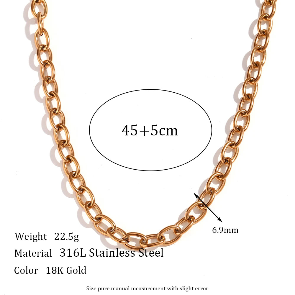 18K Gold Plated Stainless Steel Oval Link Chain Jewelry Set – 7mm Chunky Silver Color Choker Necklace, Bracelet & Anklet Accessories