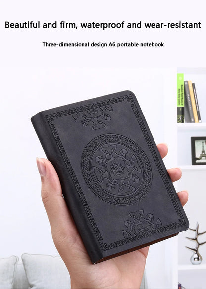 A6 Retro Pocket Mini Notebook – PU Leather Stamped Portable Notepad for Writing, Office & Bookkeeping