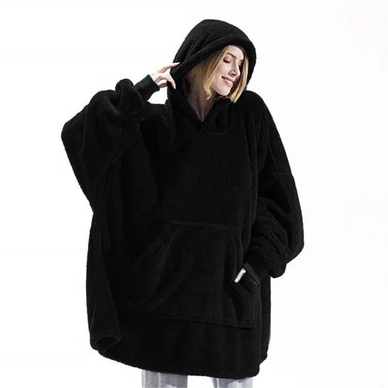 Oversized Fleece Hoodie Blanket - Warm Double-Faced Sherpa Robe with Large Pocket for Women & Men
