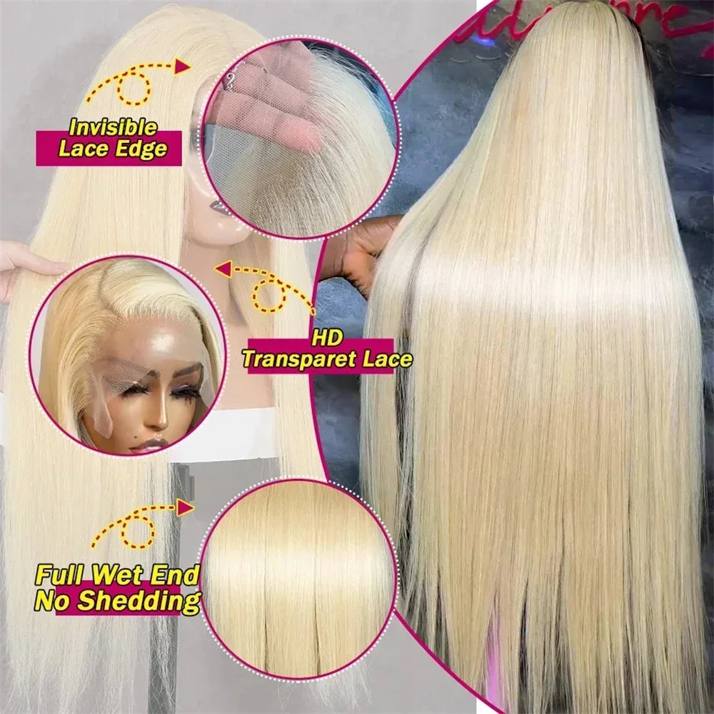 40-42 Inch 613 Blonde HD Lace Front Wig – 13x6 Straight Human Hair, 250% Density Brazilian Wig for Women