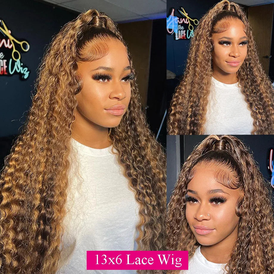 HD Lace Highlight Wig – Ombre Human Hair 13x6 Deep Wave Frontal Wig, Brazilian 13x4 Water Wave Curly Wig for Women