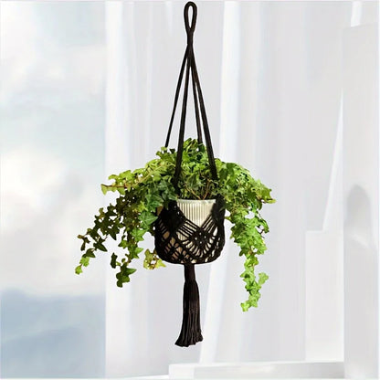 Boho Macrame Plant Hanger – Cotton Rope Woven Basket with Net Pouch for Indoor & Outdoor Hanging Succulents