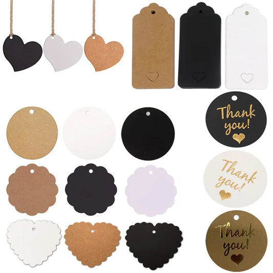 100PCS Hemp Rope & 20m Gilded Hanging Tags – Cowhide Black & White Cardboard Blank DIY Heart & Circle Labels