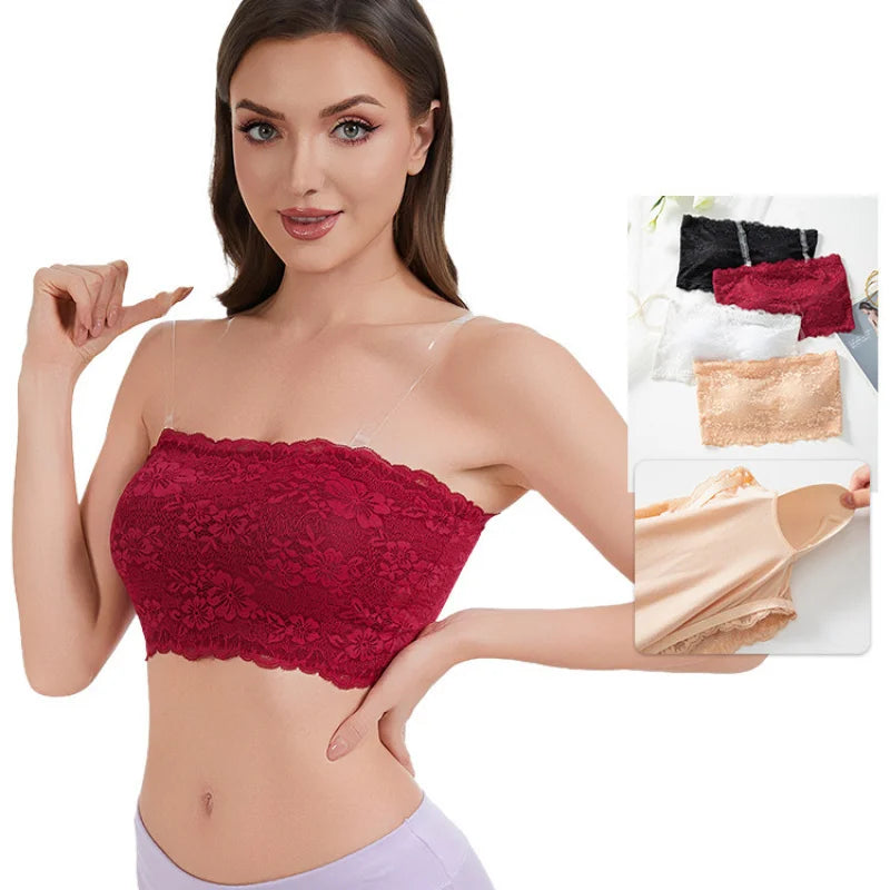 Plus-Size Women Floral Lace Strapless Bra with Elastic Chest Strap, Summer Invisible Shoulder Strap Wrap Tube Top