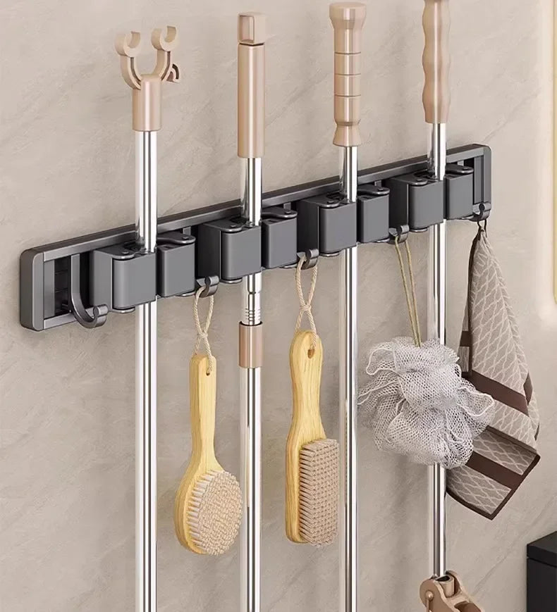 Wall-Mounted Mop & Broom Organizer — Strong Mop Holder Rack with 5 Hooks for Hanging Brooms and Cleaning Tools