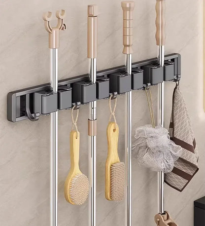 Wall-Mounted Mop & Broom Organizer — Strong Mop Holder Rack with 5 Hooks for Hanging Brooms and Cleaning Tools