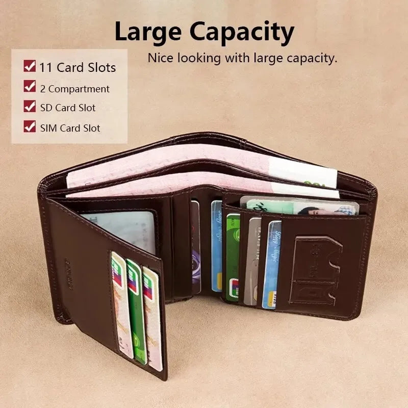 Men’s Genuine Leather RFID Blocking Trifold Wallet – Business Short Wallet with ID Window & Credit Card Holder Slim Men’s Purse Wallet