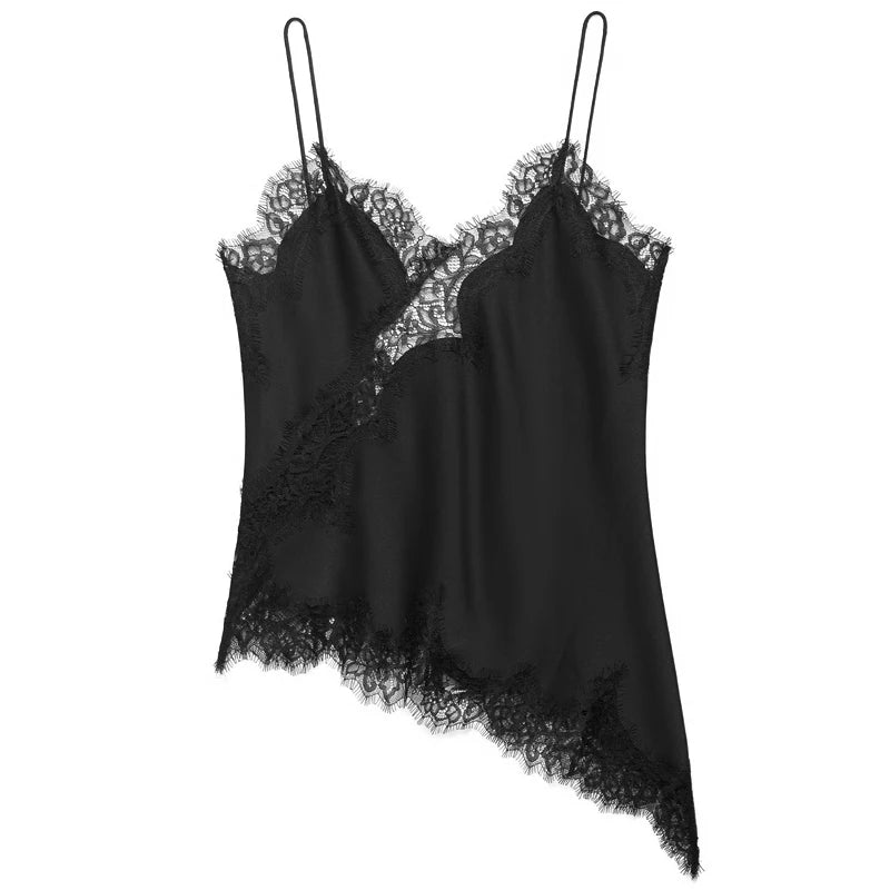 HXAO Women’s Asymmetrical Lace Off-Shoulder Tank Top – Summer 2025 Y2K Black Sleeveless Backless Elegant Camisole Top