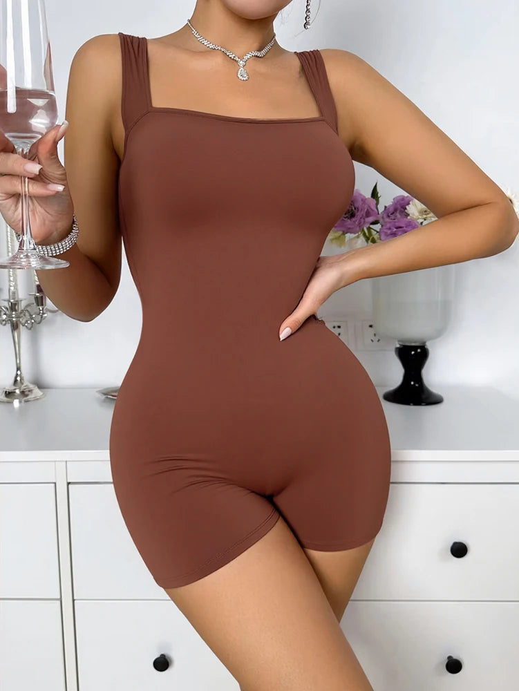 Plus Size Women’s Ribbed Yoga Jumpsuit - Square Neck Sleeveless Fitness Bodysuit for Summer Workouts