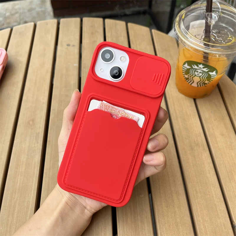 Slide Camera Protection Wallet Phone Case for iPhone – Soft Silicone Card Holder Cover for iPhone 16/15/14/13/12/11 Pro Max, XR, XS Max, 8 Plus Safety Case