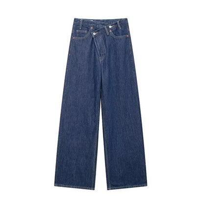 TRAF Women’s Basic Hundred Jeans — High Waist Asymmetric Wide-Leg Trousers, Casual Straight-Leg Fashion Jeans
