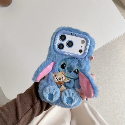 3D Cute Stitch Ear Plush Phone Case – Fluffy Shockproof Cover for iPhone 13–17 Pro Max & Plus