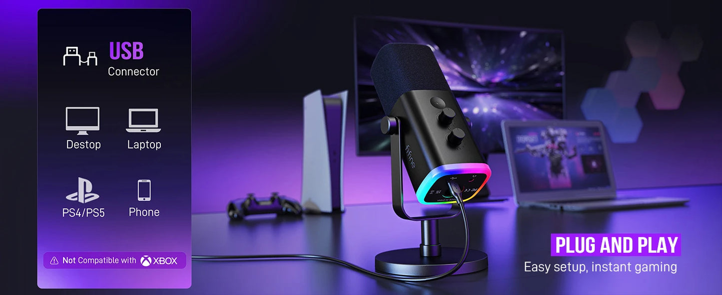 FIFINE AmpliGame AM8 USB/XLR Dynamic Microphone – RGB Control, Headphone Jack, Mute Button for PC Gaming, Recording, and Streaming