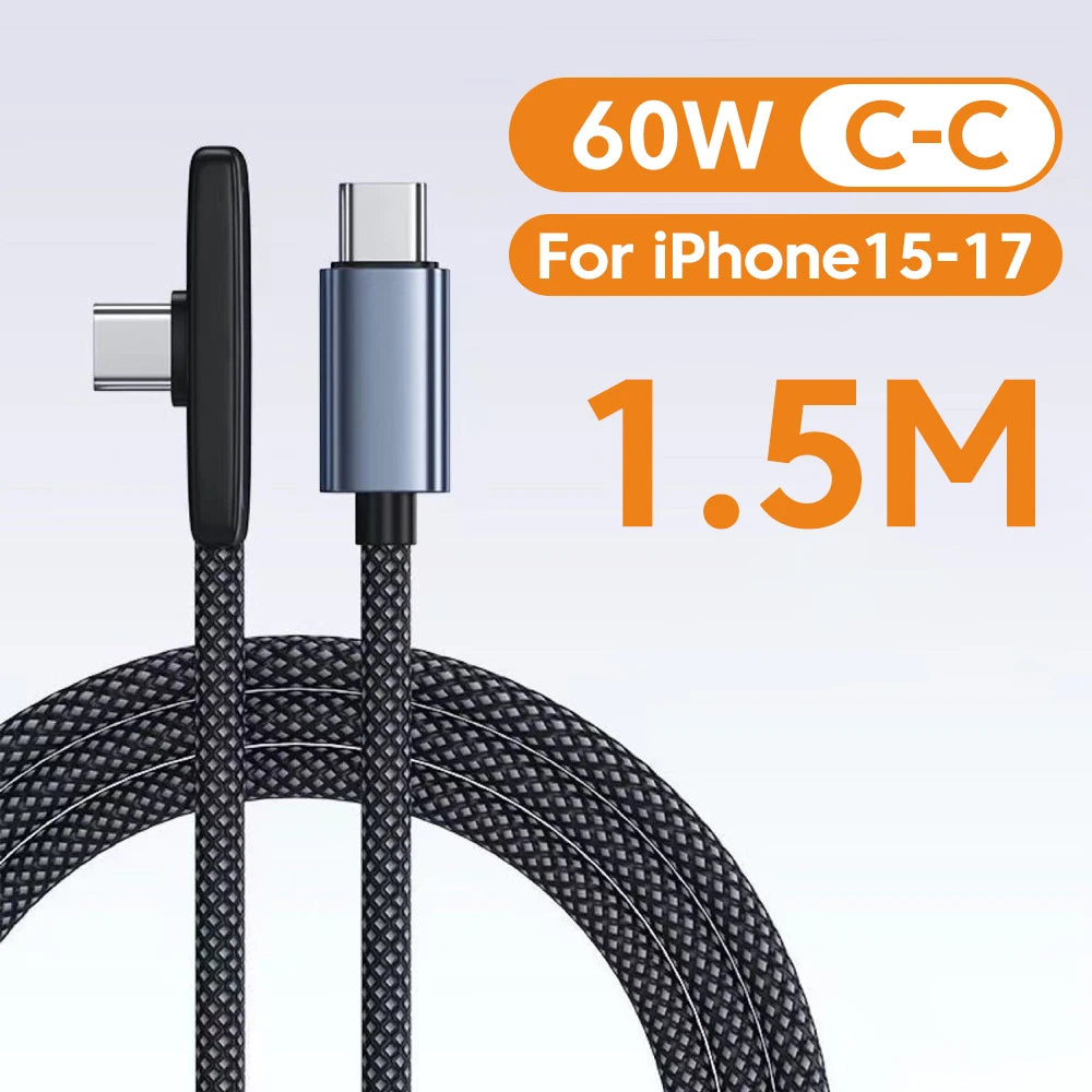 100W USB-C Fast Charging Cable - 90° Elbow PD Data & Gaming Cable for Samsung, Huawei, POCO & Realme