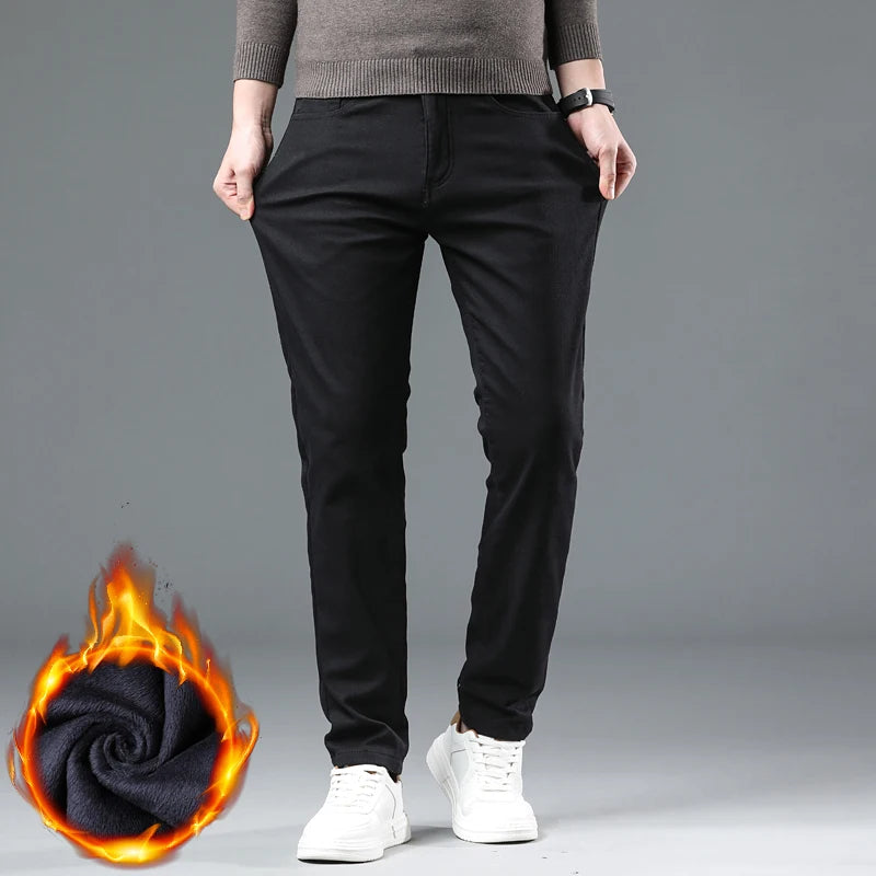 Winter 2025 Men’s Fleece Pants – Thick Slim Fit Velvet Trousers, Warm Elastic Business Casual Plush Pants