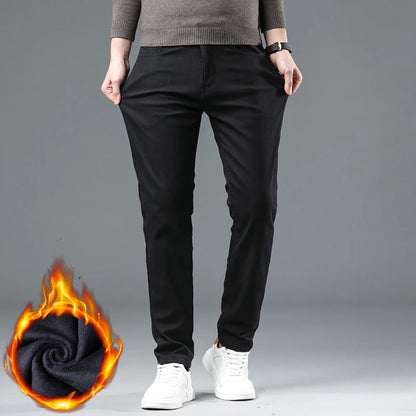 Winter 2025 Men’s Fleece Pants – Thick Slim Fit Velvet Trousers, Warm Elastic Business Casual Plush Pants