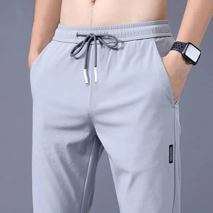 2024 New Ice Silk Men's Pants - Summer Black Gray Thin Business Casual, Elastic Breathable Outdoor Straight Leg Sweatpants