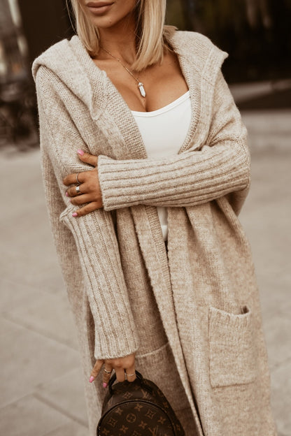 2023 Autumn/Winter Sweater Cardigan – Lapel Hooded Long Knit Coat with Letter Design, Loose Fit for Women