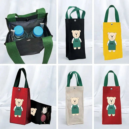 Cute Bear Portable Water Bottle Bag – Insulated Cup Cover Holder, Canvas Hand Carry Storage Bag for Camping & Travel Bottles